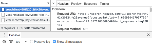 Search endpoint query in the browser developer console